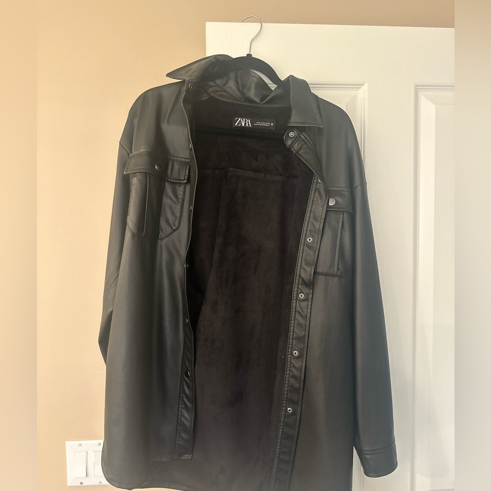 Zara Black Faux Leather Lined Shirt Jacket